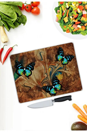 Kelebek Desen Cam Kesme Tablası | Hediyelik, Dekoratif, Ofis, Mutfak