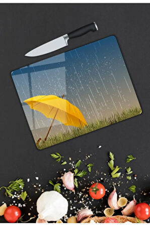 Şemsiye Yağmur Desen Cam Kesme Tablası | Hediyelik, Dekoratif, Ofis, Mutfak