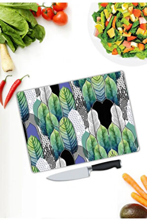 Yaprak Desen Cam Kesme Tablası | Hediyelik, Dekoratif, Ofis, Mutfak