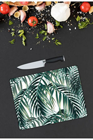 Yaprak Desen Cam Kesme Tablası | Hediyelik, Dekoratif, Ofis, Mutfak