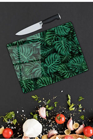 Yeşil Yaprak Desen Cam Kesme Tablası | Hediyelik, Dekoratif, Ofis, Mutfak