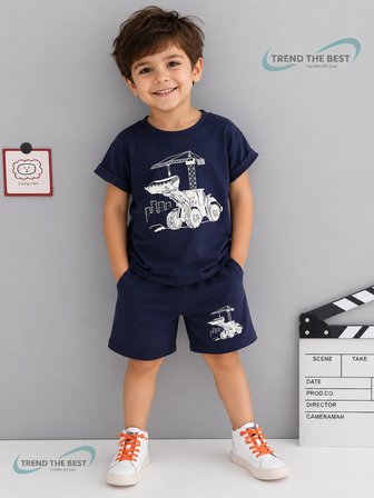 Yazlık Kepçe ve Vinç Baskılı Erkek Çocuk Lacivert Şort, Lacivert T-Shirt Takım