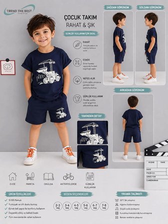 Yazlık Kepçe ve Vinç Baskılı Erkek Çocuk Lacivert Şort, Lacivert T-Shirt Takım