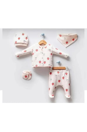 %100 ORGANİK KUMAŞ ÇİLEK BASKILI 5 Lİ KIZ BEBEK HASTANE ÇIKIŞ SETİ