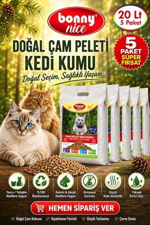 Bonny Nice Doğal Çam Peleti Kedi Kumu 10 Kg 20 Lt (5 Adet)