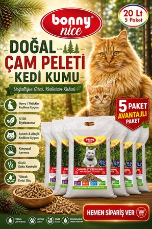 Bonny Nice Doğal Çam Peleti Kedi Kumu 10 Kg 20 Lt (5 Adet)