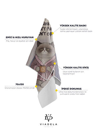 Komik Kedi Temalı Plaj Havlusu – I Don’t Care Yazılı Mizahi Tasarım
