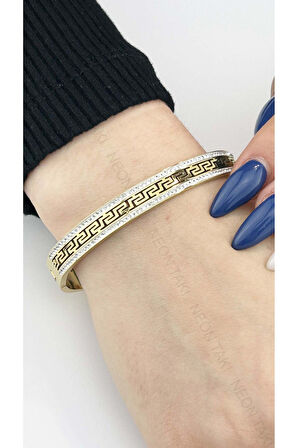 Zirkon Taşlı, Labirent, Paslanmaz Çelik Kelepçe Bileklik 20, Altın Renk