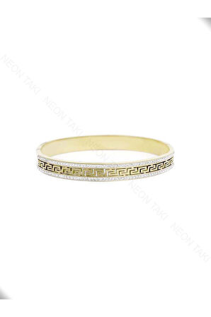 Zirkon Taşlı, Labirent, Paslanmaz Çelik Kelepçe Bileklik 20, Altın Renk