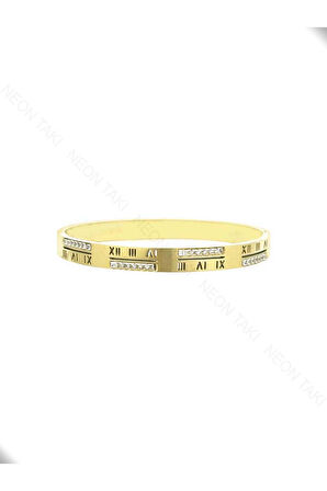 Roma Rakamlı, Zirkon Taşlı, Paslanmaz Çelik Kelepçe Bileklik 21, Altın Renk