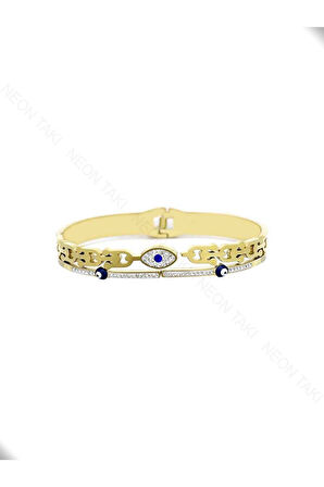 Zirkon Taşlı, Göz Nazar, Paslanmaz Çelik Kelepçe Bileklik 22, Altın Renk