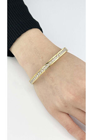 Zirkon Taşlı, Paslanmaz Çelik Kelepçe Bileklik 24, Altın Renk