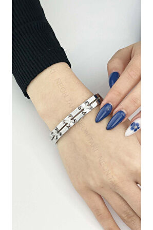 Zirkon Taşlı, Paslanmaz Çelik Kelepçe Bileklik 29, Gümüş Renk