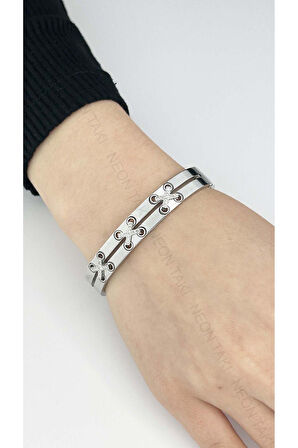 Zirkon Taşlı, Paslanmaz Çelik Kelepçe Bileklik 29, Gümüş Renk