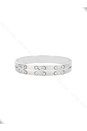 Zirkon Taşlı, Paslanmaz Çelik Kelepçe Bileklik 29, Gümüş Renk