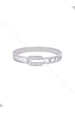 Zirkon Taşlı, Paslanmaz Çelik Kelepçe Bileklik 37, Gümüş Renk