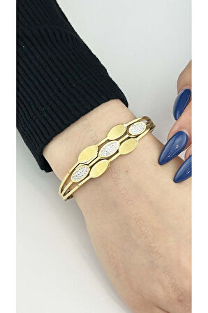 Zirkon Taşlı, Paslanmaz Çelik Kelepçe Bileklik 58, Altın Renk