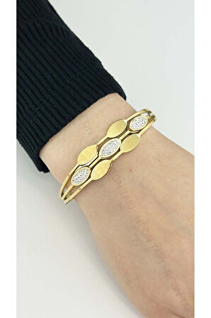 Zirkon Taşlı, Paslanmaz Çelik Kelepçe Bileklik 58, Altın Renk