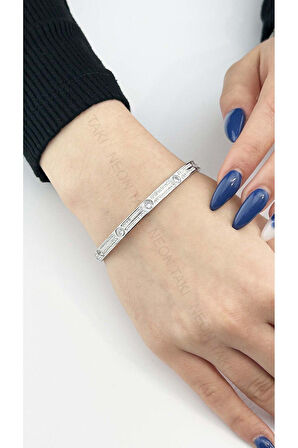 Zirkon Taşlı, Paslanmaz Çelik Kelepçe Bileklik 85, Gümüş Renk