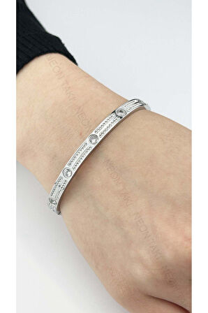 Zirkon Taşlı, Paslanmaz Çelik Kelepçe Bileklik 85, Gümüş Renk