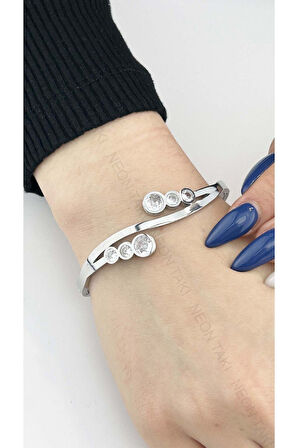 Zirkon Taşlı, Paslanmaz Çelik Kelepçe Bileklik 89, Gümüş Renk