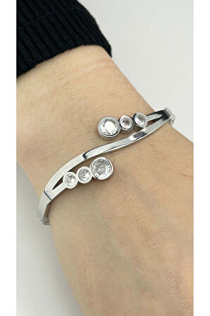 Zirkon Taşlı, Paslanmaz Çelik Kelepçe Bileklik 89, Gümüş Renk