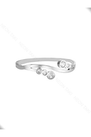 Zirkon Taşlı, Paslanmaz Çelik Kelepçe Bileklik 89, Gümüş Renk