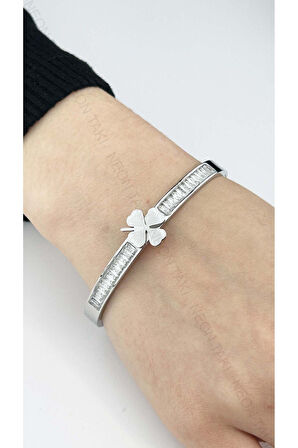 Zirkon Taşlı, Yonca Figürlü, Paslanmaz Çelik Kelepçe Bileklik 96, Gümüş Renk