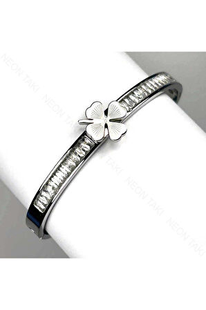 Zirkon Taşlı, Yonca Figürlü, Paslanmaz Çelik Kelepçe Bileklik 96, Gümüş Renk
