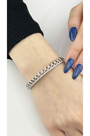 Kalp Figürlü, Zirkon Taşlı, Platinyum Kaplama Çelik Bileklik 107, Gümüş Renk