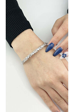 Zirkon Taşlı, Kelepçe Bileklik 109, Gümüş Renk