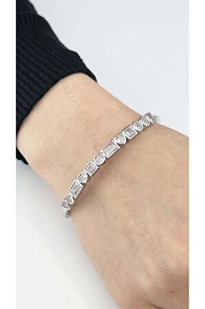 Zirkon Taşlı, Kelepçe Bileklik 109, Gümüş Renk