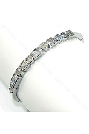 Zirkon Taşlı, Kelepçe Bileklik 109, Gümüş Renk