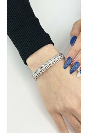 Zirkon Taşlı, Kelepçe Bileklik 111, Gümüş Renk