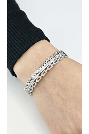 Zirkon Taşlı, Kelepçe Bileklik 111, Gümüş Renk