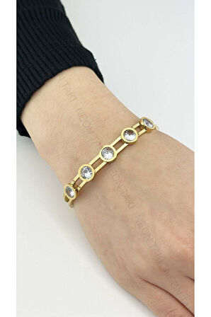 Zirkon Taşlı, Paslanmaz Çelik Kelepçe Bileklik 118, Altın Renk