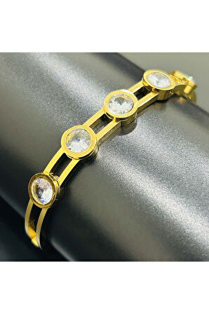 Zirkon Taşlı, Paslanmaz Çelik Kelepçe Bileklik 118, Altın Renk