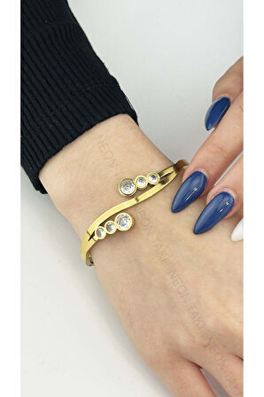 Zirkon Taşlı, Paslanmaz Çelik Kelepçe Bileklik 120, Altın Renk