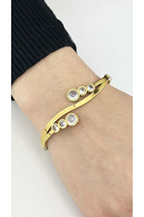 Zirkon Taşlı, Paslanmaz Çelik Kelepçe Bileklik 120, Altın Renk