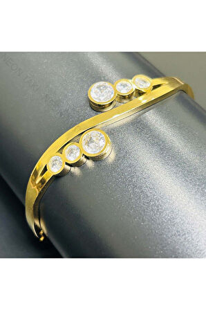 Zirkon Taşlı, Paslanmaz Çelik Kelepçe Bileklik 120, Altın Renk