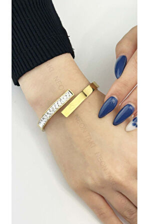 Kelepçe Bileklik, Zirkon Taşlı, Kararmayan Paslanmaz Çelik, Altın Renk, Model129