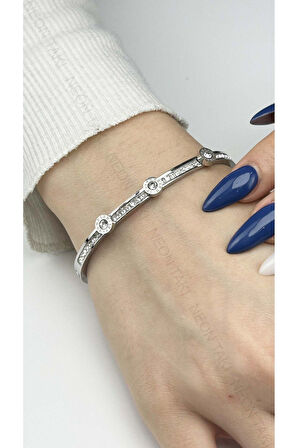 Zirkon Taşlı, Paslanmaz Çelik Kelepçe Bileklik 133, Gümüş Renk