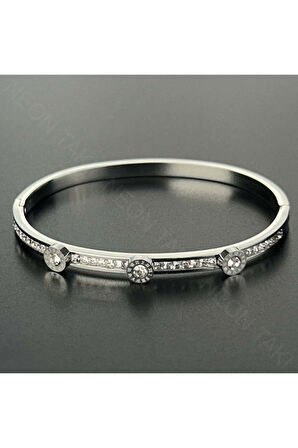 Zirkon Taşlı, Paslanmaz Çelik Kelepçe Bileklik 133, Gümüş Renk