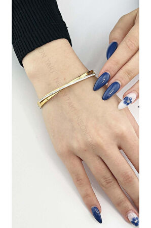 Zirkon Taşlı, Paslanmaz Çelik Bileklik 142, Altın Renk