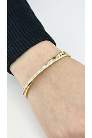 Zirkon Taşlı, Paslanmaz Çelik Bileklik 142, Altın Renk