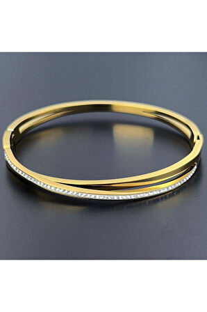 Zirkon Taşlı, Paslanmaz Çelik Bileklik 142, Altın Renk