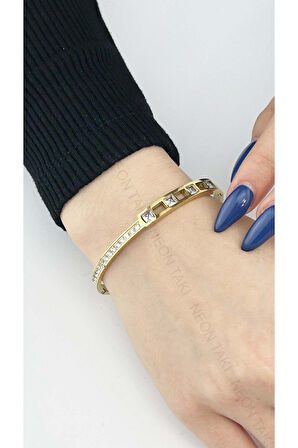 Zirkon Taşlı, Paslanmaz Çelik Bileklik 143, Altın Renk