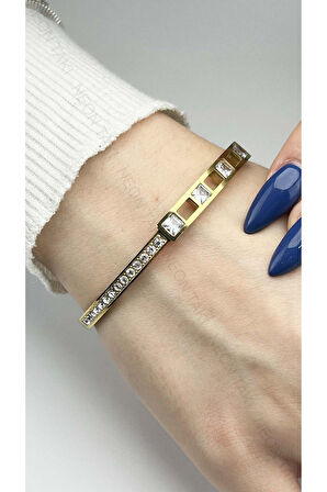 Zirkon Taşlı, Paslanmaz Çelik Bileklik 143, Altın Renk