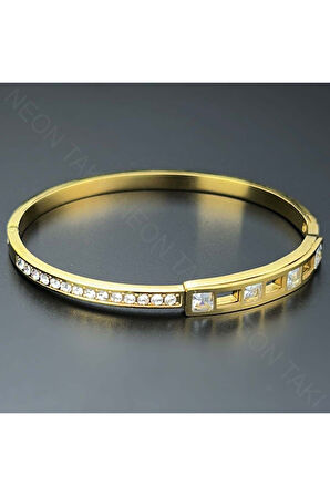 Zirkon Taşlı, Paslanmaz Çelik Bileklik 143, Altın Renk