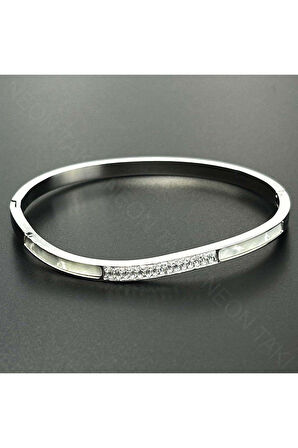 Zirkon Taşlı Ve Sedefli, Paslanmaz Çelik Bileklik 147, Gümüş Renk